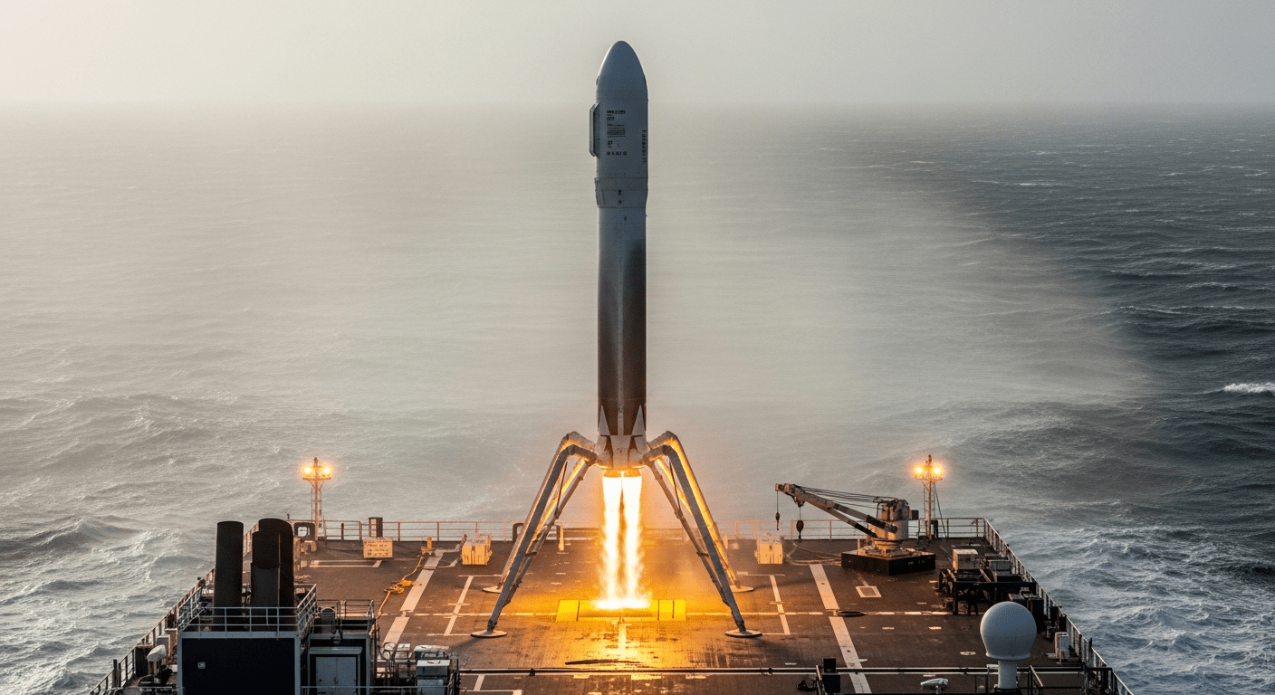 Fusée Falcon 9 en phase de conquête spatiale privée effectuant un atterrissage précis sur une barge océanique