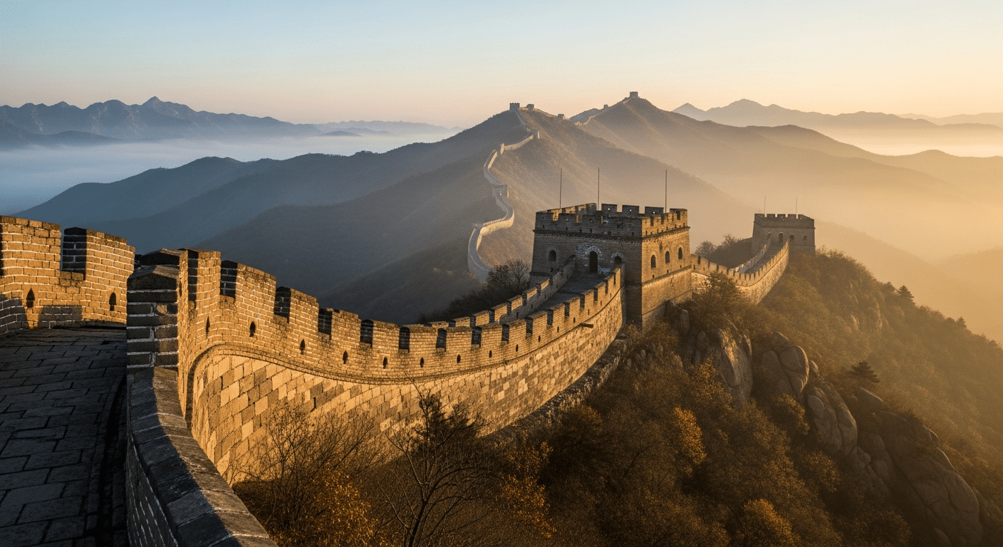 Histoire des grandes nations : la Grande Muraille de Chine serpentant dans les montagnes brumeuses à l'aube