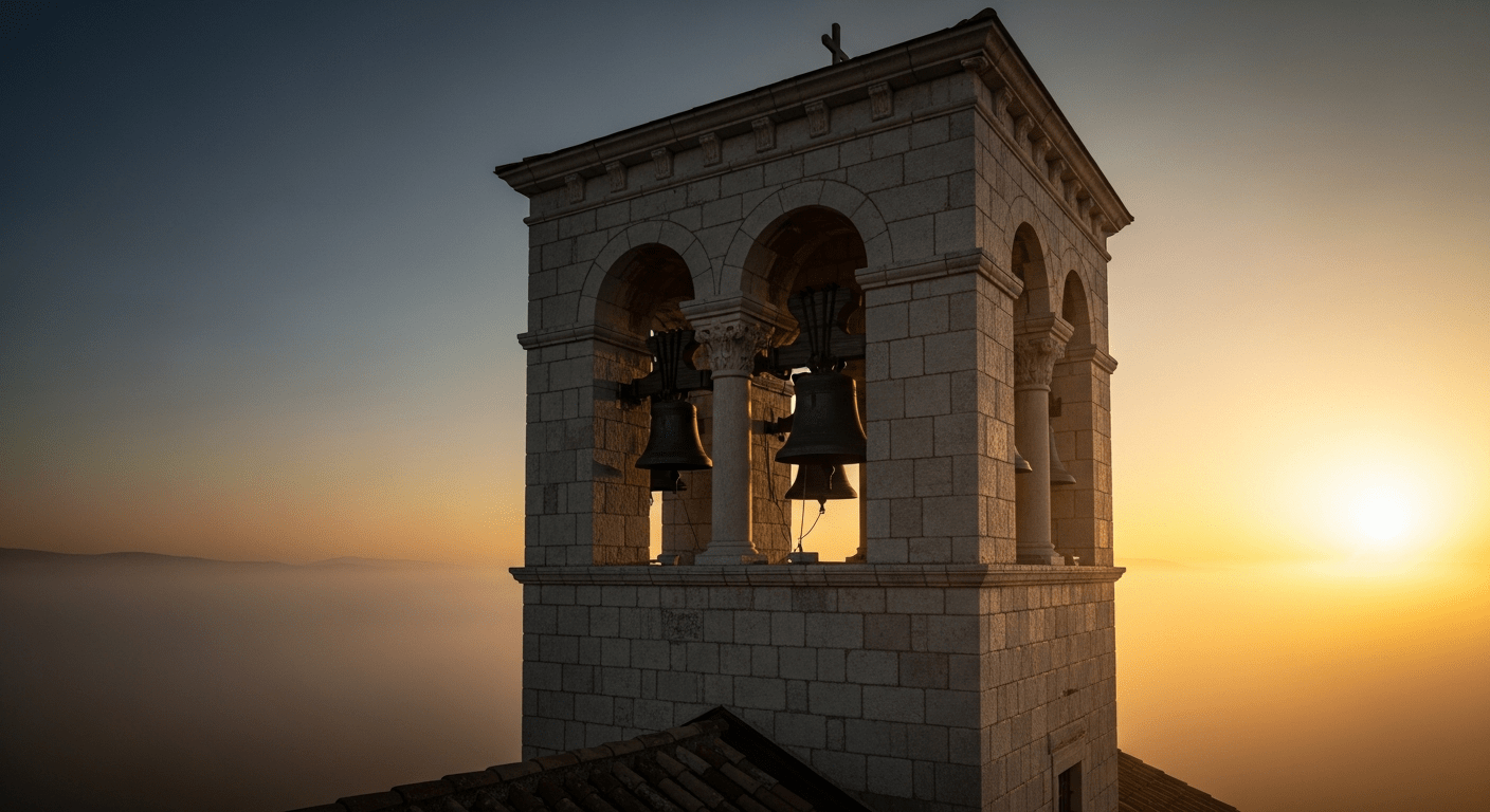 Histoire de Pâques : clocher d'église au lever du soleil évoquant la tradition des cloches volant vers Rome