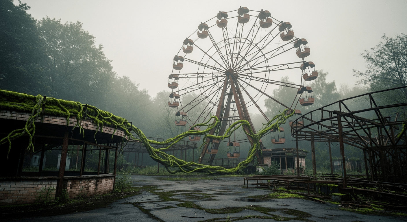 catastrophe nucléaire de Tchernobyl : grande roue rouillée de Pripyat envahie par la forêt, symbole des faits marquants de l'histoire de Tchernobyl