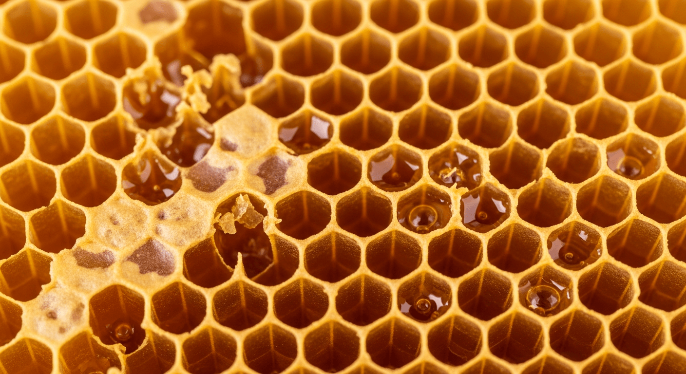 Cellules hexagonales de miel dans une ruche, produit de la pollinisation et du travail collectif des insectes