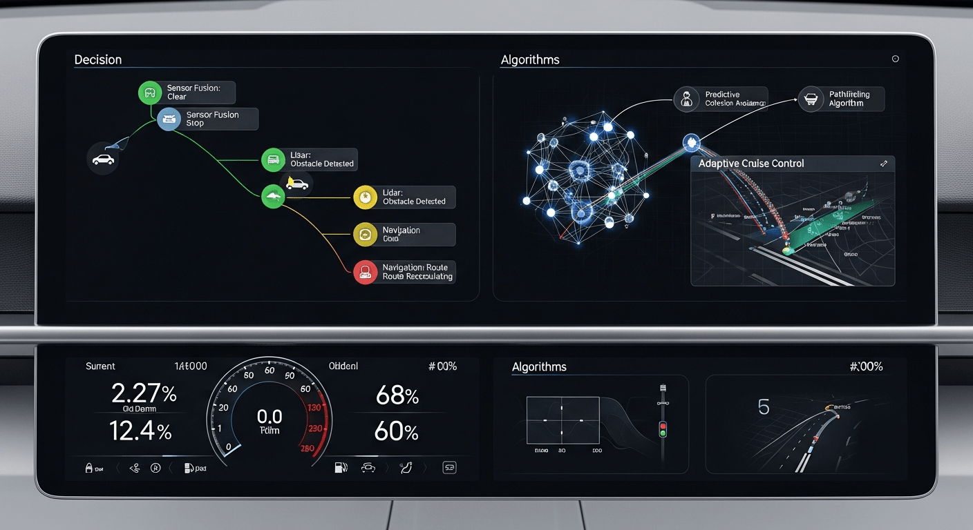 Tableau de bord technologique montrant les algorithmes et choix éthiques de l'IA dans les systèmes autonomes