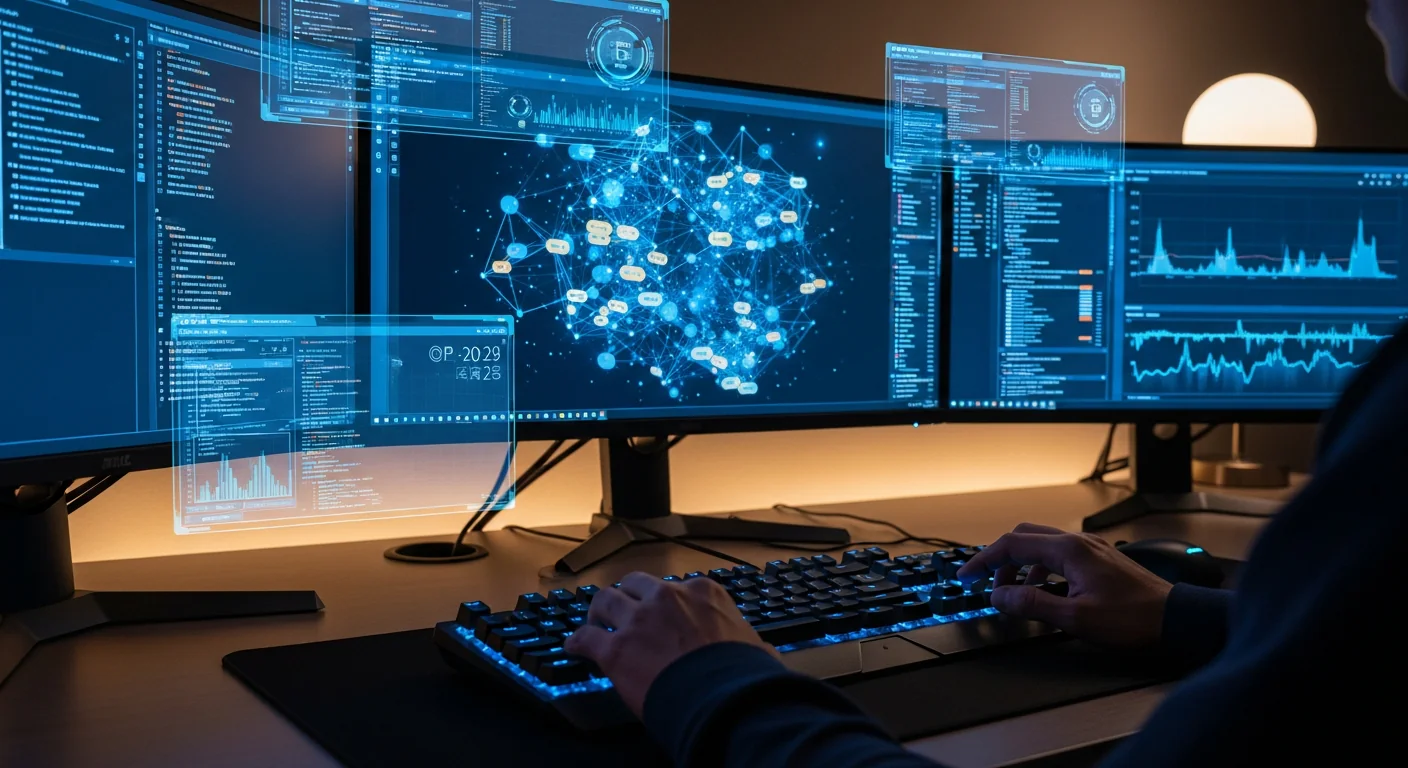 Station de travail montrant l'intelligence artificielle emploi avec moniteurs affichant des données techniques et du code