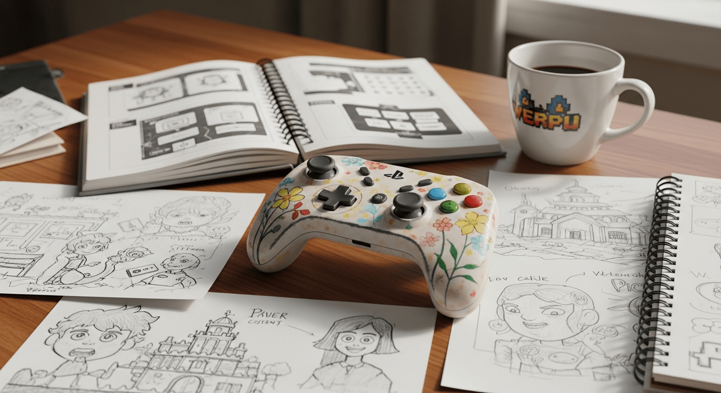 Espace de travail créatif d'un développeur avec un contrôleur de jeu et des esquisses représentant les indie games
