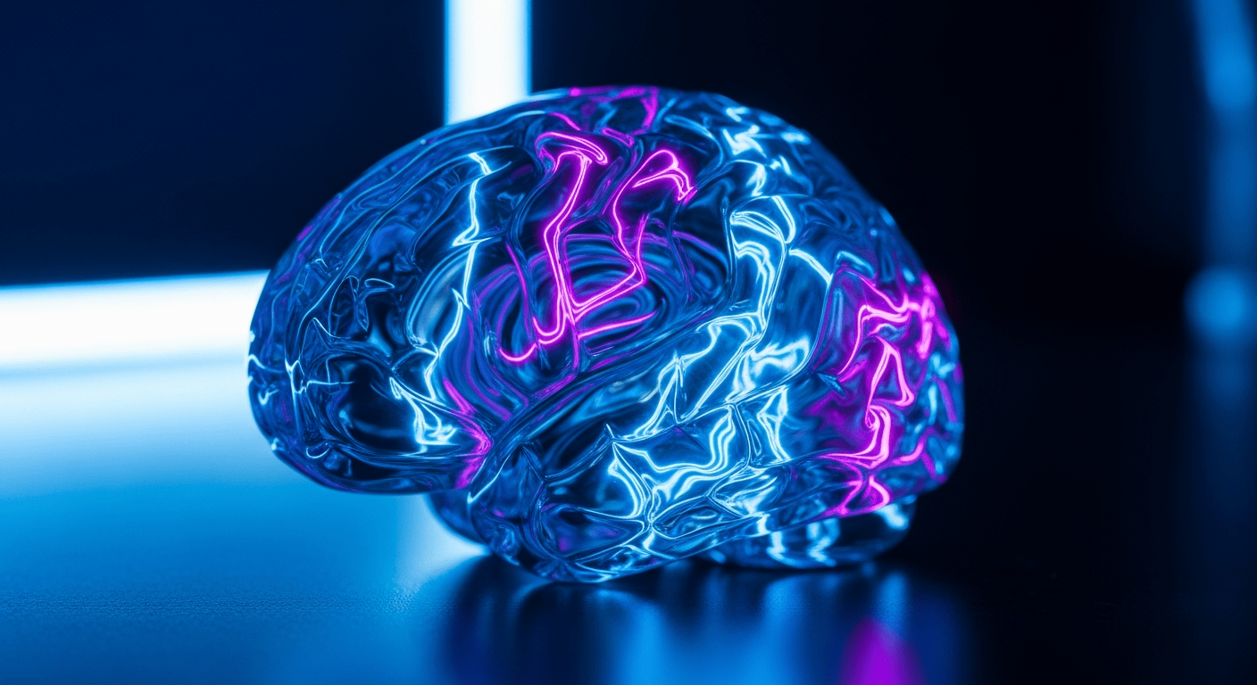 Modèle de cerveau en verre illuminé en bleu et violet, symbolisant l'influence des jeux vidéo sur le cerveau