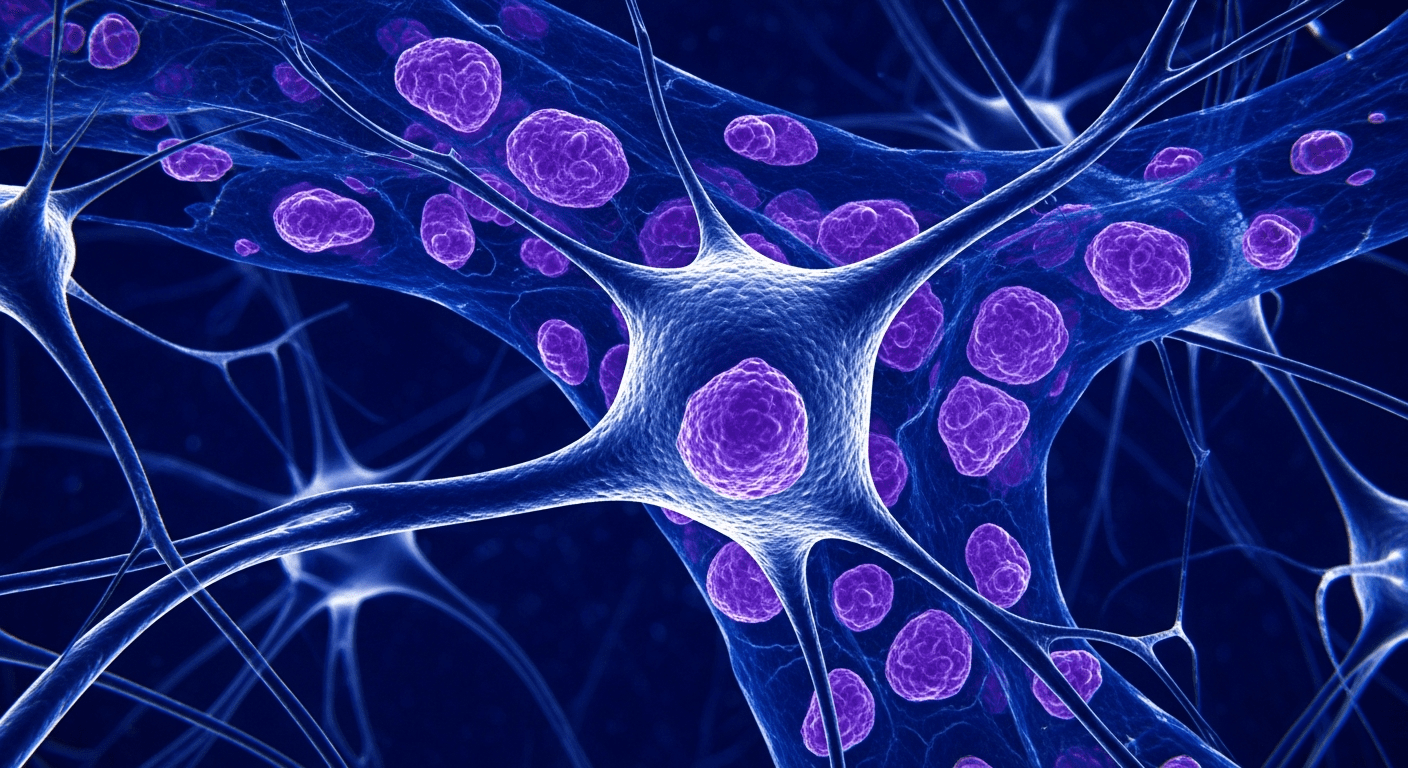 Vue microscopique de neurones affectés par la maladie à corps de Lewy avec dépôts de protéines alpha-synucléine