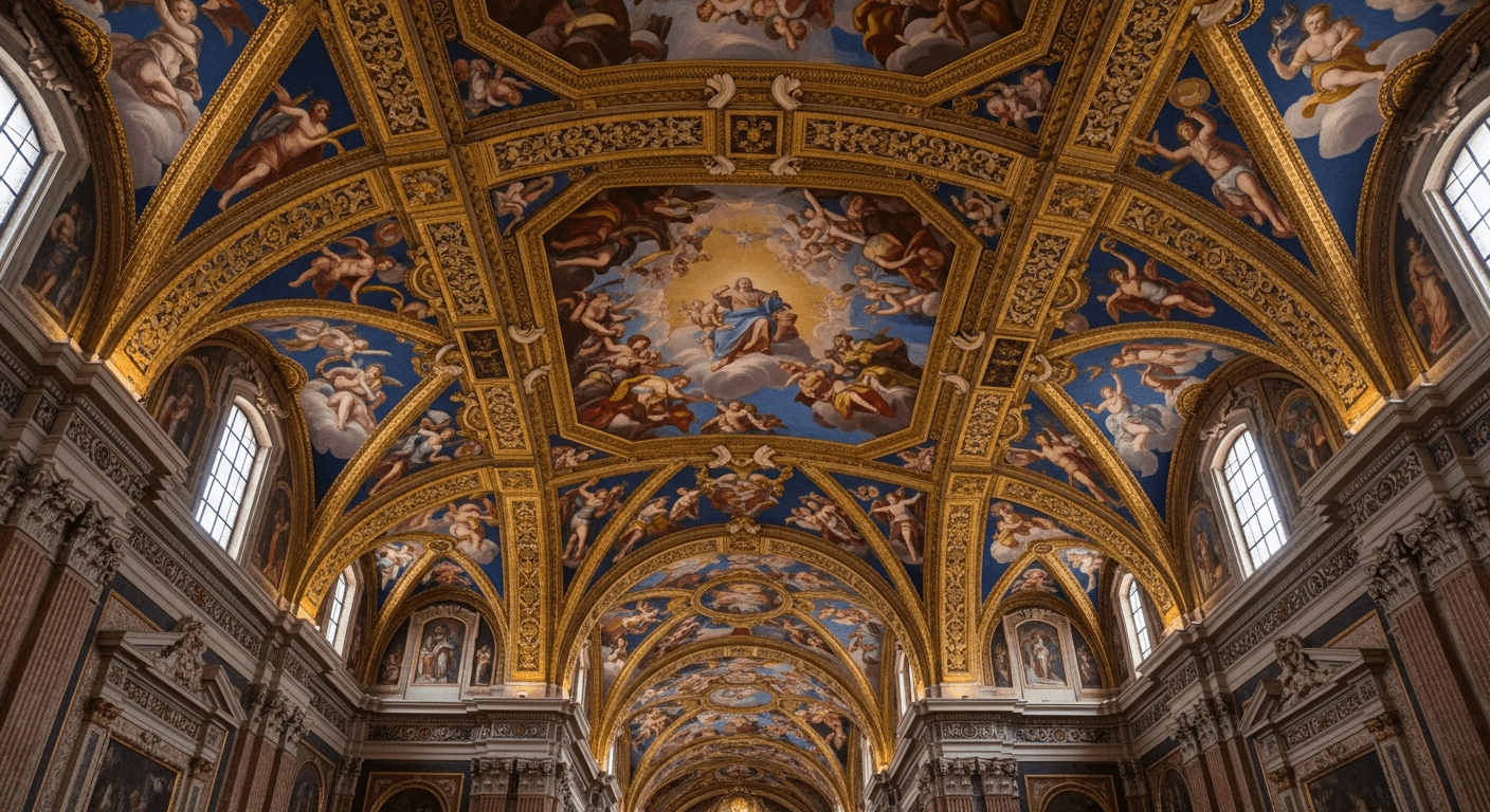 Michel-Ange : voûte peinte d'une chapelle de la Renaissance italienne aux décors somptueux et colorés
