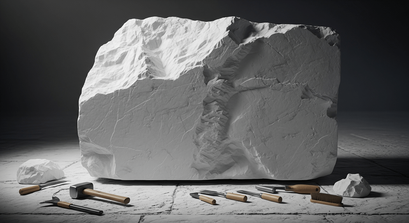 Michel-Ange : bloc de marbre blanc de Carrare avec marques de ciseau évoquant le travail du sculpteur florentin