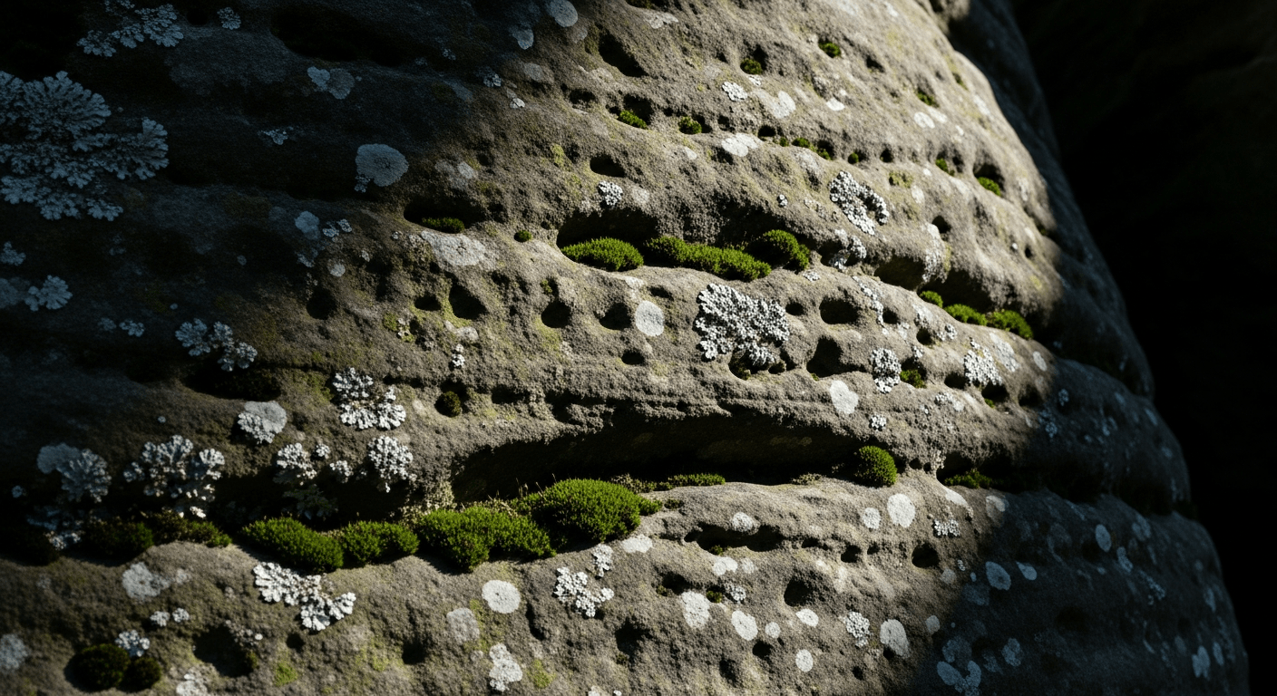 Détail de surface d'un mégalithe en grès du monument préhistorique, vestige de l'archéologie néolithique