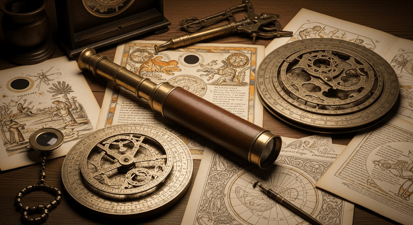 Instruments astronomiques anciens et mythes d'éclipse solaire représentés dans des textes historiques et cartes du ciel