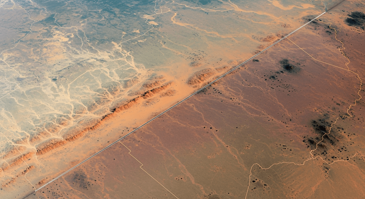 Frontière droite parfaitement rectiligne entre la Namibie et le Botswana vue du satellite