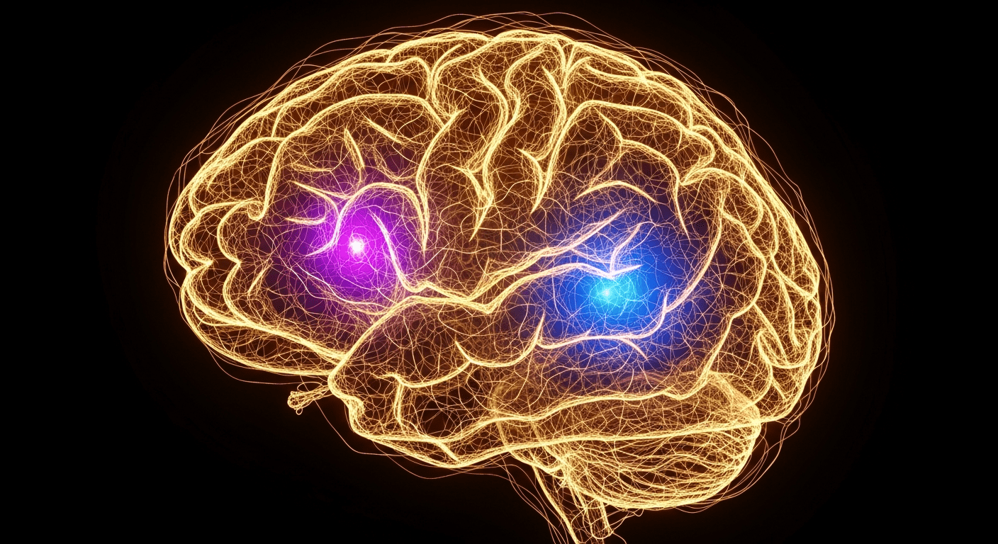 narration cerveau émotion : représentation lumineuse des connexions neuronales actives lors de l'écoute d'un récit