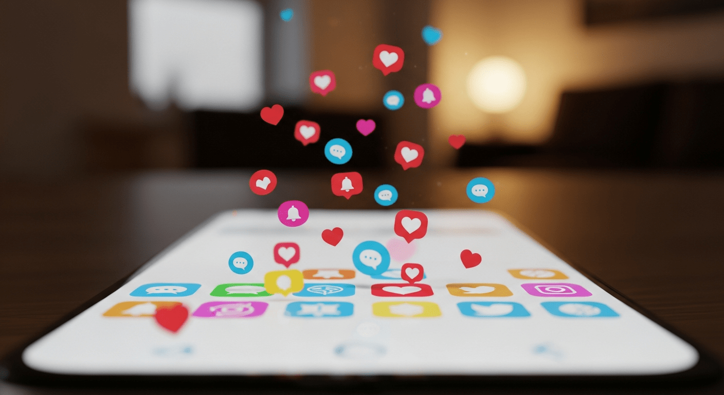 Notifications de réseaux sociaux jeunes sur un écran de téléphone symbolisant la cyberdépendance