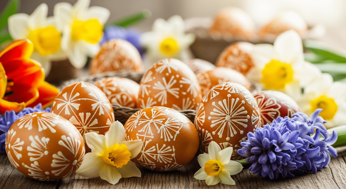 Pâques : œufs décorés de motifs traditionnels symbolisant les rites et coutumes de la fête pascale