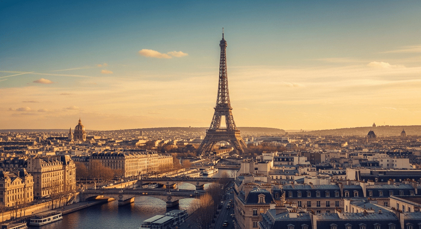Vue aérienne de la Tour Eiffel et des monuments parisiens pour les Jeux Olympiques Paris 2024