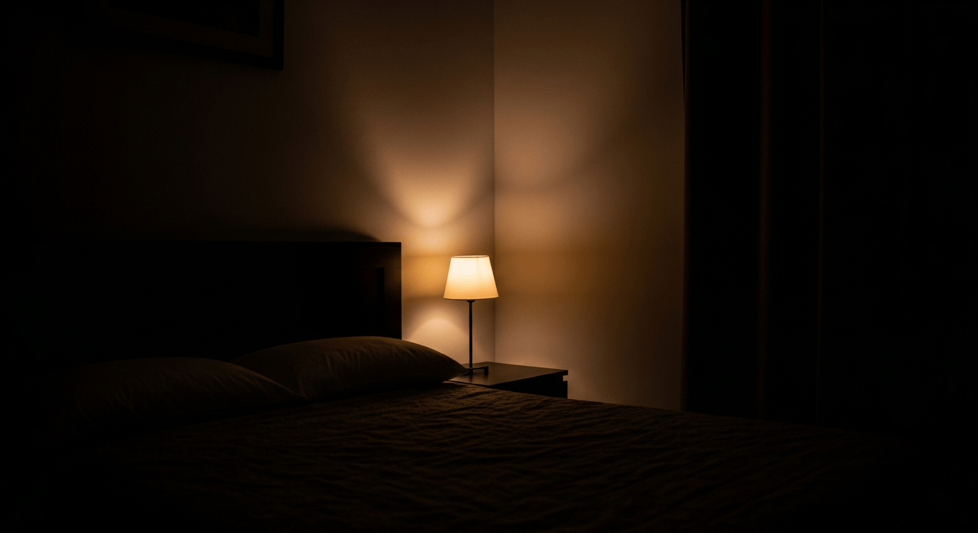 Chambre sombre illuminée par une veilleuse montrant la peur du noir et l'anxiété nocturne