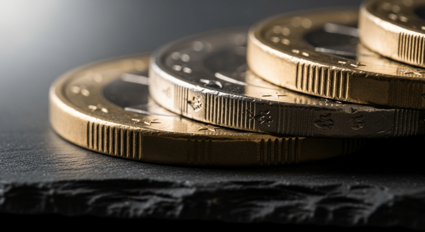 Gros plan sur la tranche crénelée de pièces monnaie rainures en euros alignées sur ardoise sombre