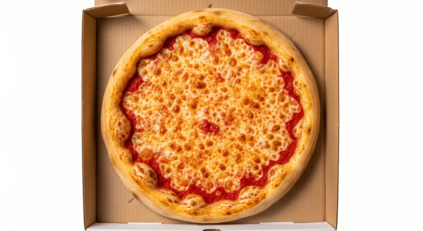 Vue de dessus d'une pizza ronde dans une boite carrée, contraste entre la forme circulaire et les angles droits du carton