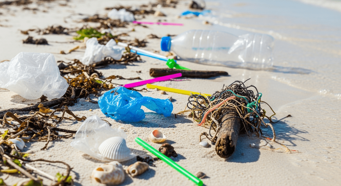 Déchets plastiques et pollution sur une plage, illustration de la pollution générée par le tourisme intensif