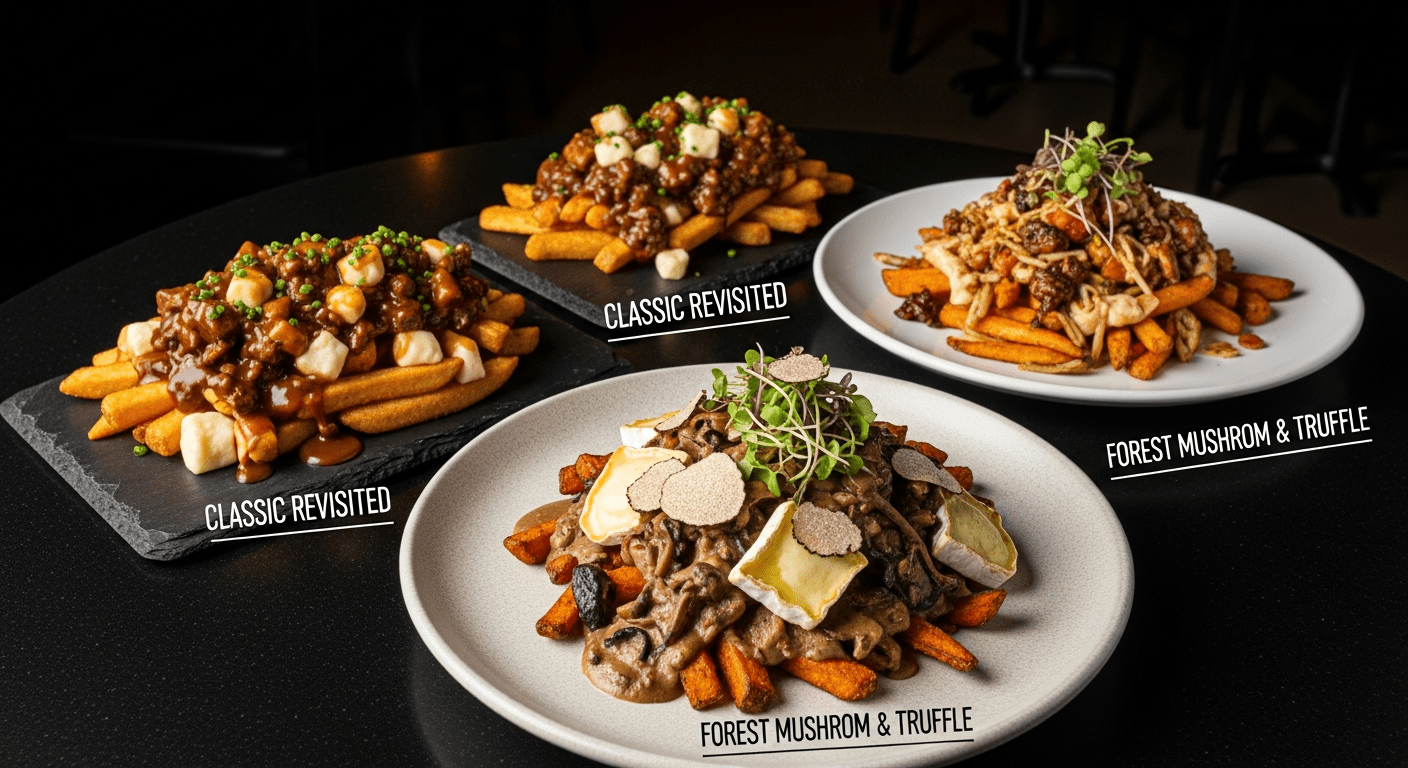 Variantes contemporaines de poutine gourmet dans un restaurant branchée, montrant l'évolution de la culture culinaire québécoise