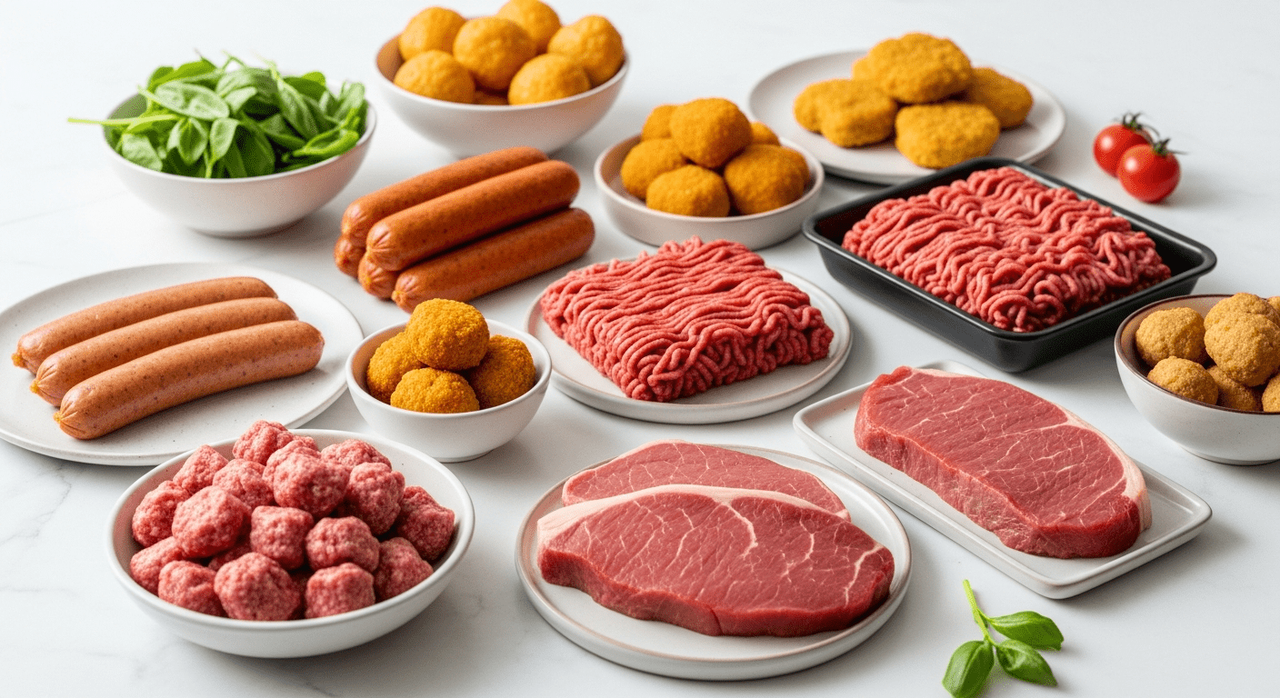 Gamme complète d'alternatives végétales et produits sans viande représentant la gastronomie végétale