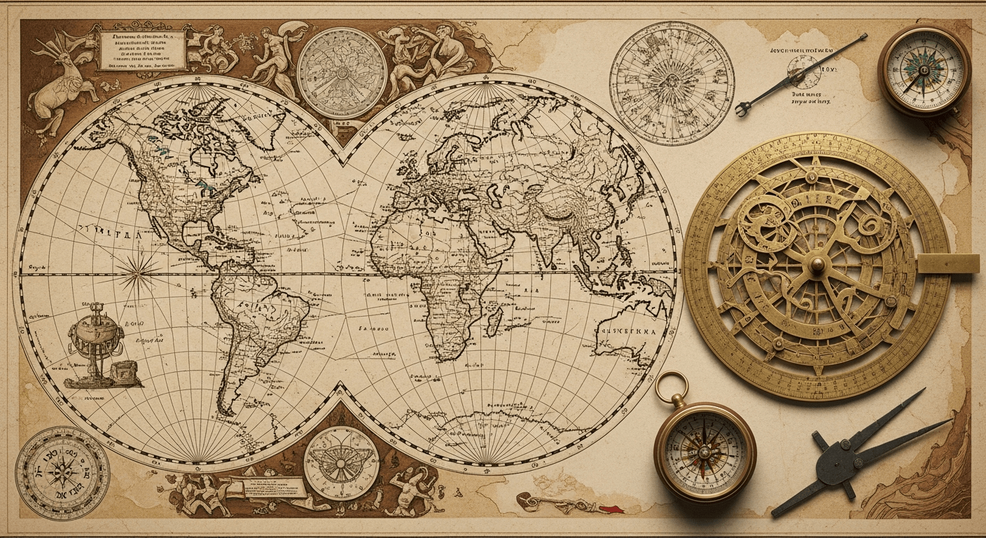 Cartographie antique montrant l'Asie déformée selon les connaissances de Ptolémée avec instruments de navigation