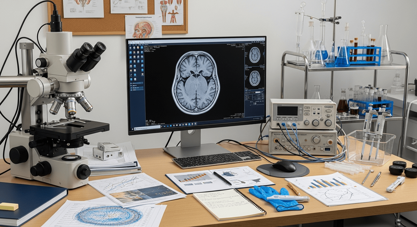Laboratoire de recherche médicale avec IRM cérébrale affichée, symbolisant les avancées de la recherche médicale sur la maladie auto-immune