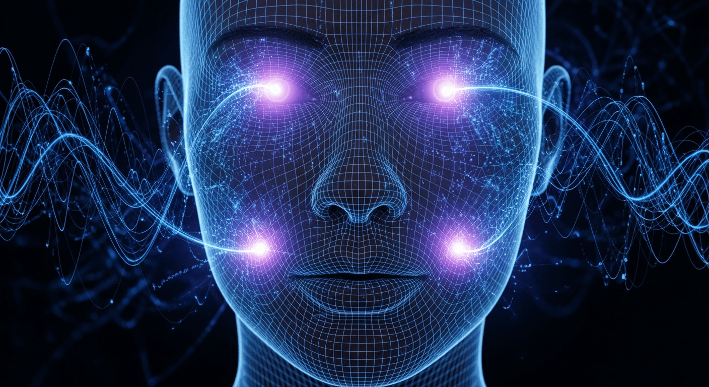 Visualisation d'une reconnaissance faciale avec points de référence et grille de données numériques