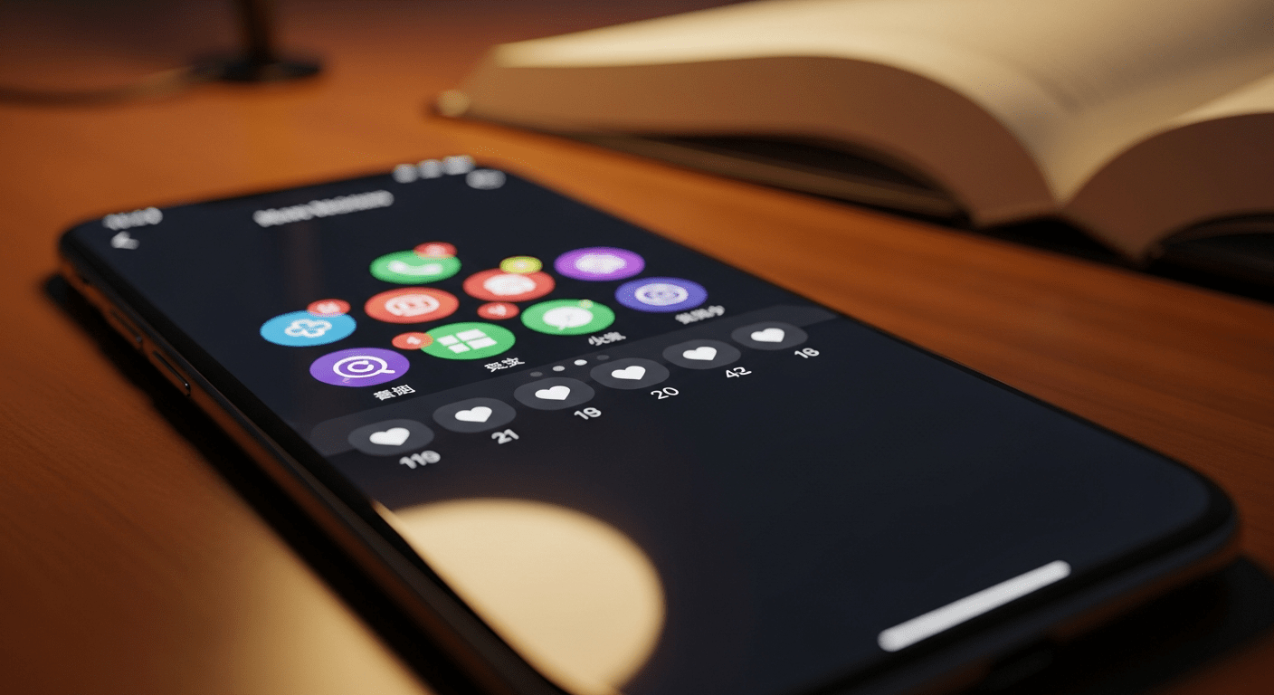 réseaux sociaux attention : smartphone avec notifications et compteurs de likes sur un bureau, livre ouvert en arrière-plan
