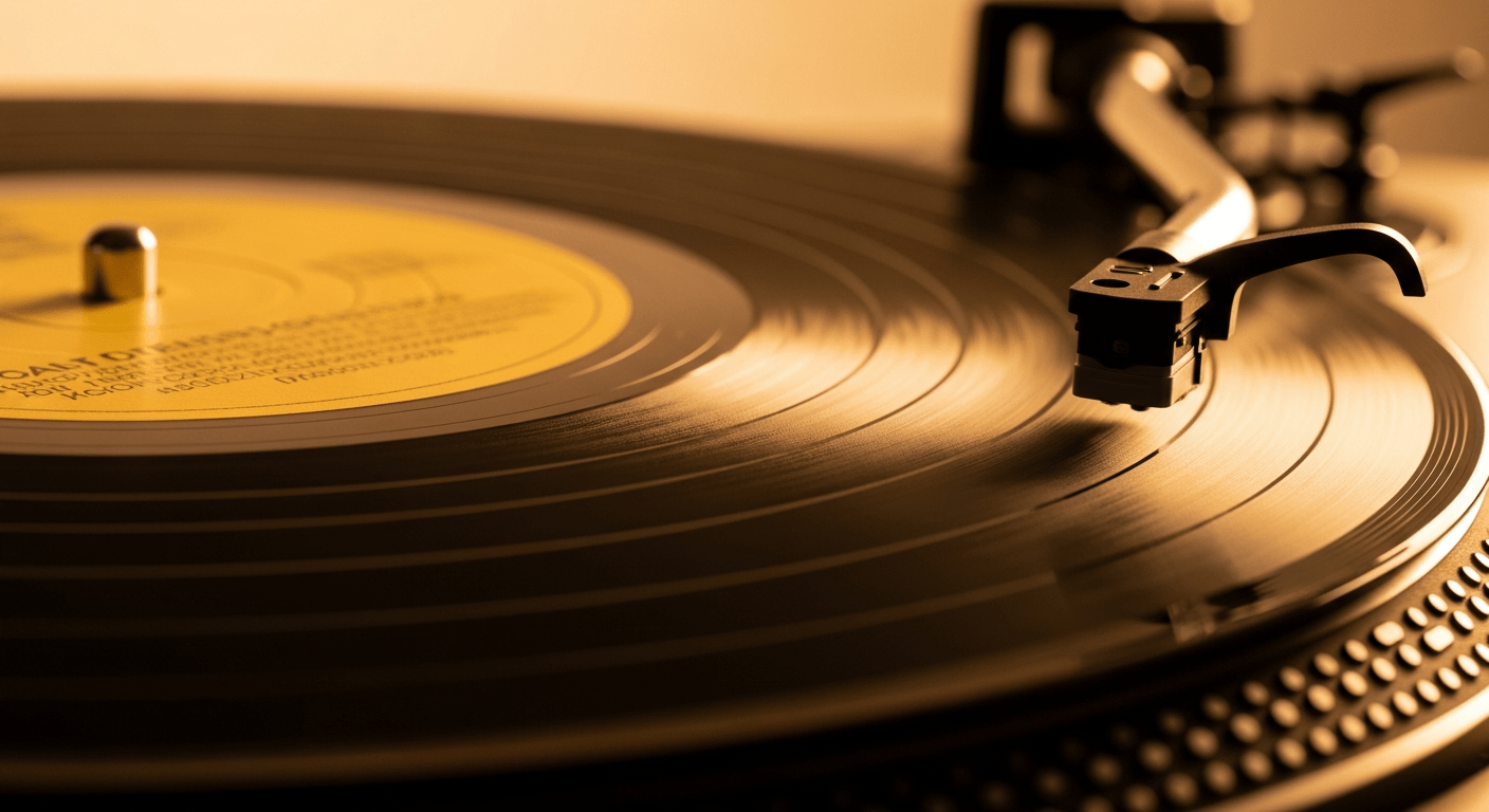 Disque vinyle en rotation sur un lecteur, illustrant le retour vinyle avec gros plan sur les sillons