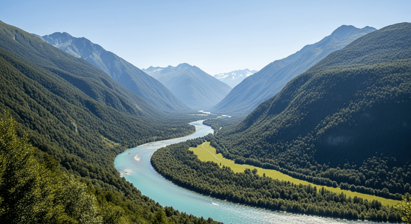 Une rivière d'eau douce serpentant dans une vallée verte, illustration de l'eau douce contrastée avec la salinité marine