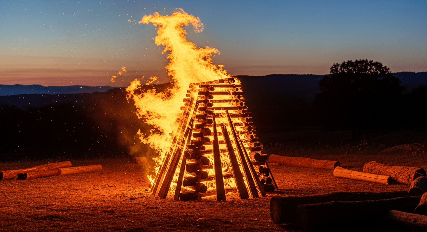 Feu de joie traditionnel éclairant le ciel nocturne, célébration du solstice d'été et héritage de la tradition québécoise