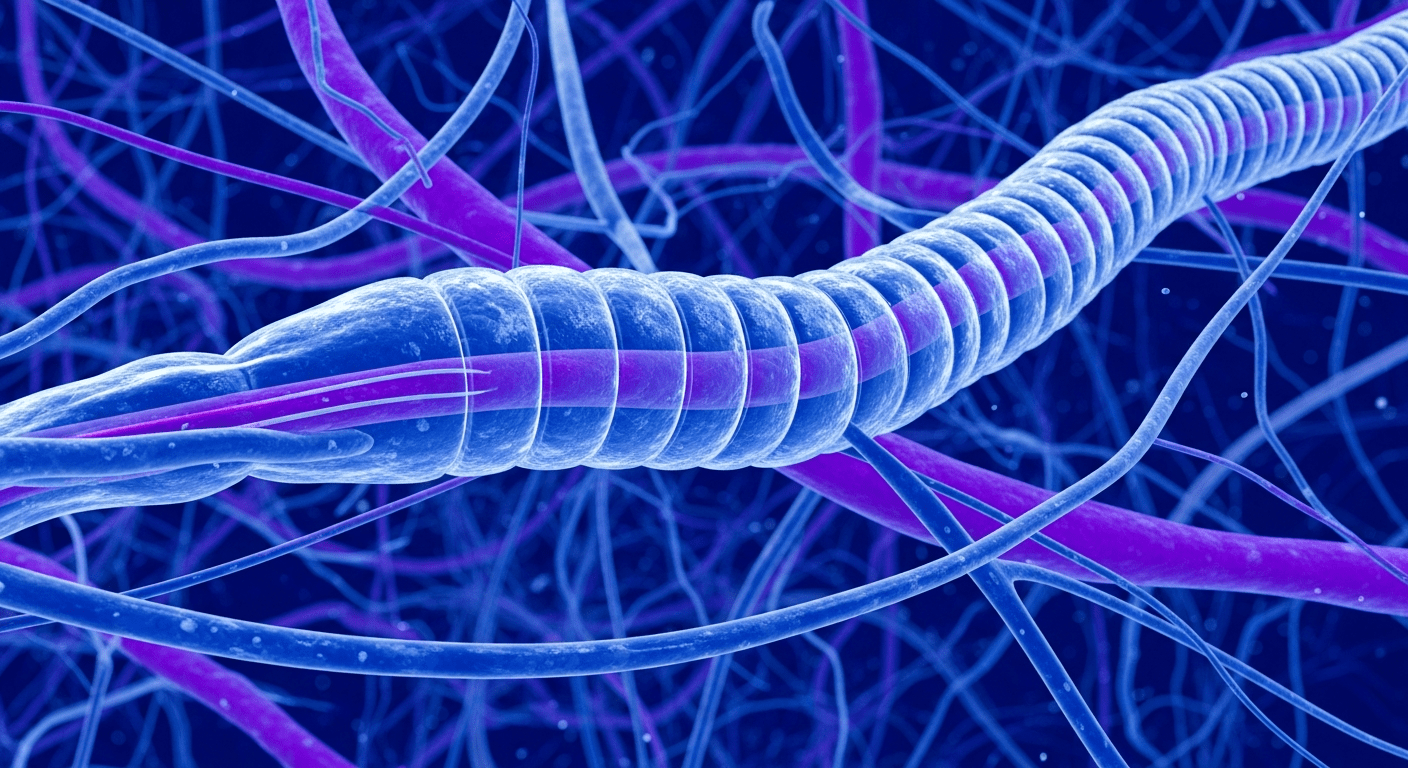 Représentation microscopique d'une fibre nerveuse avec gaine de myéline, illustrant les mécanismes de la sclérose en plaques