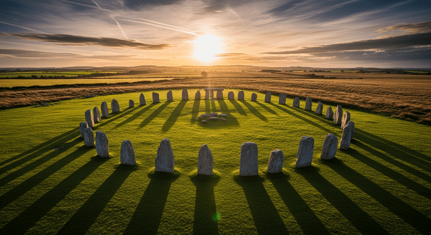 Vue aérienne du stonehenge mystère au coucher du soleil, mégalithes dressés sur la plaine du Wiltshire