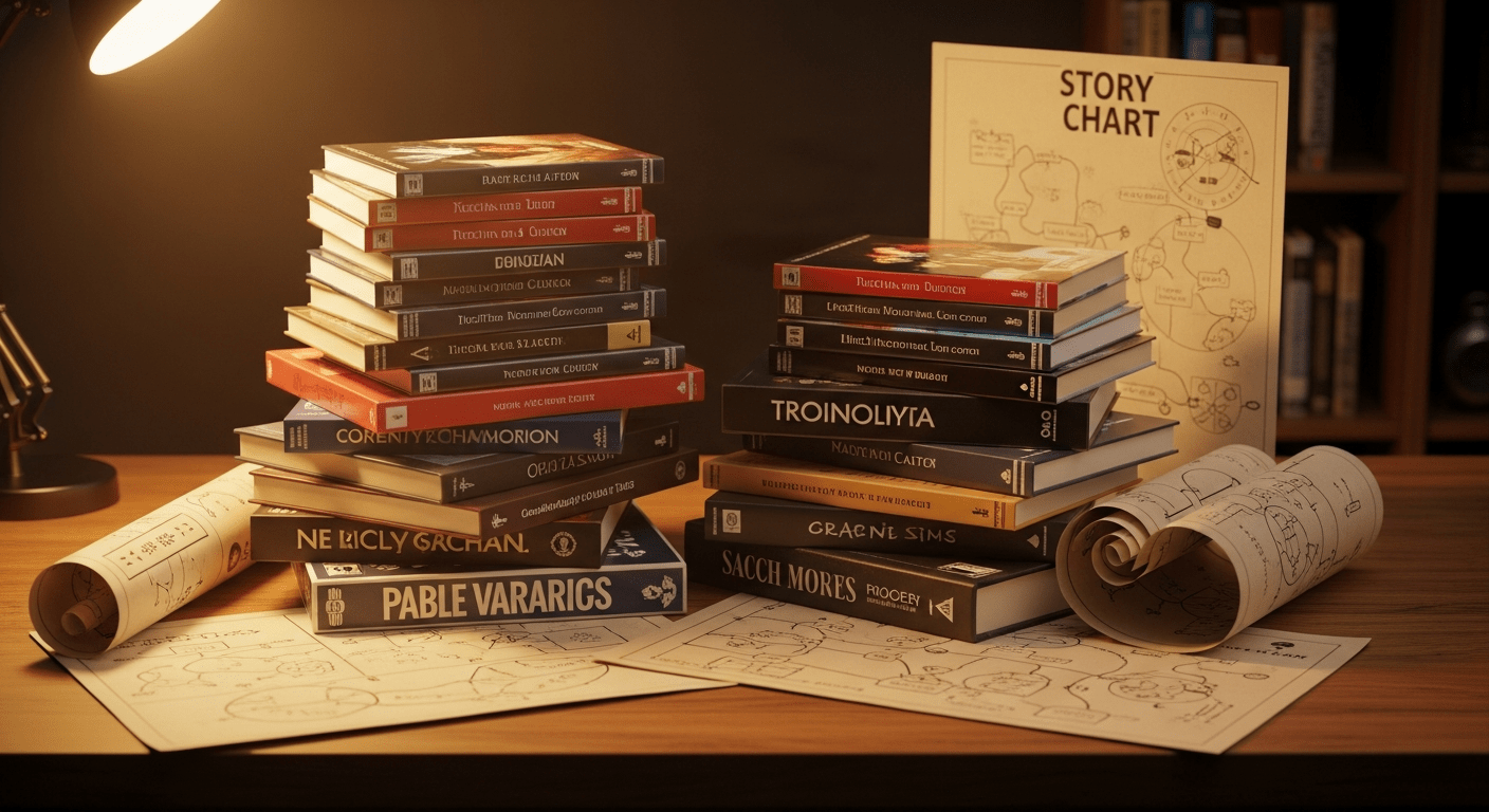Représentation du storytelling jeu vidéo avec livres et éléments narratifs