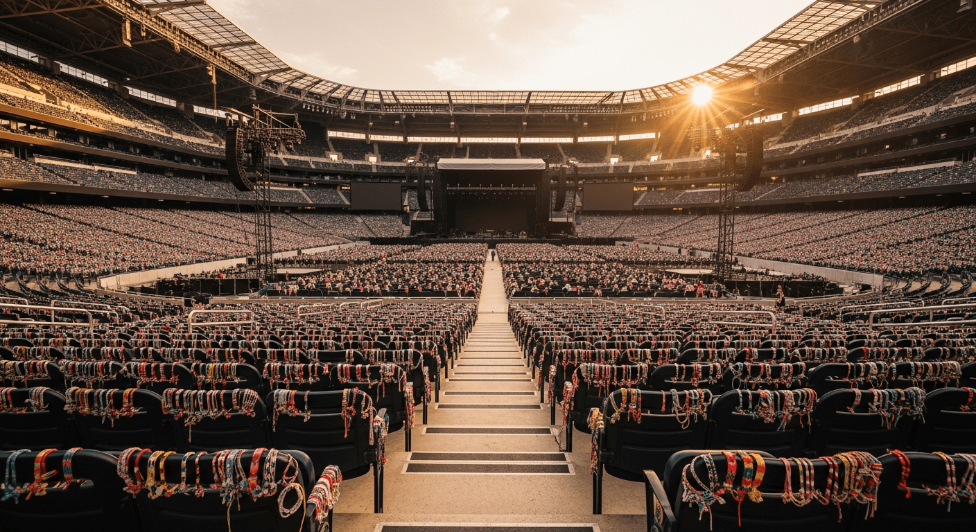 Taylor Swift : stade de concert vide illuminé avec des bracelets d'amitié colorés sur les balustrades