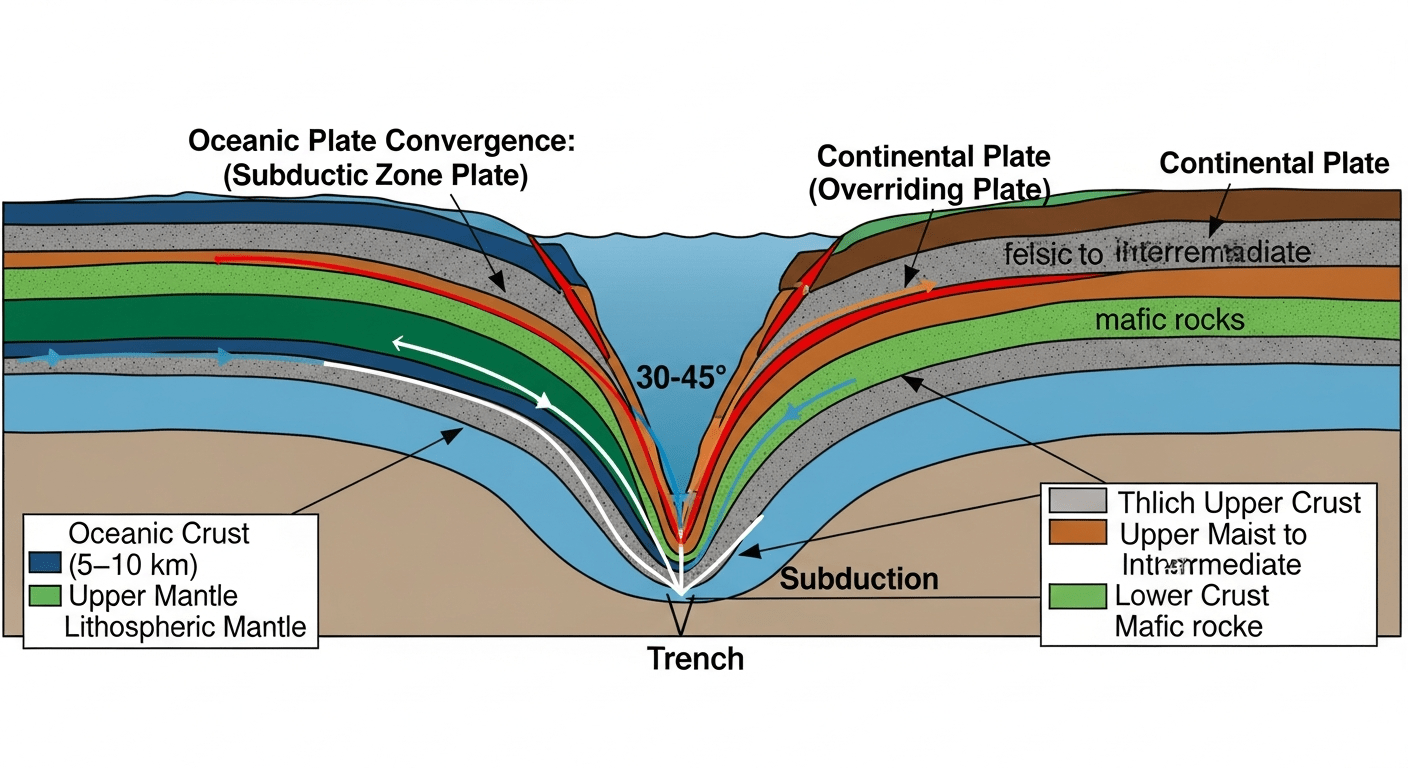 Représentation de la tectonique des plaques et du processus de subduction créant du magma