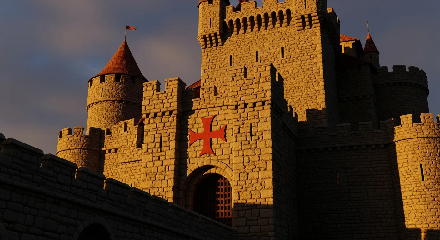 Forteresse médiévale des Templiers avec croix rouge emblématique sur portail en pierre