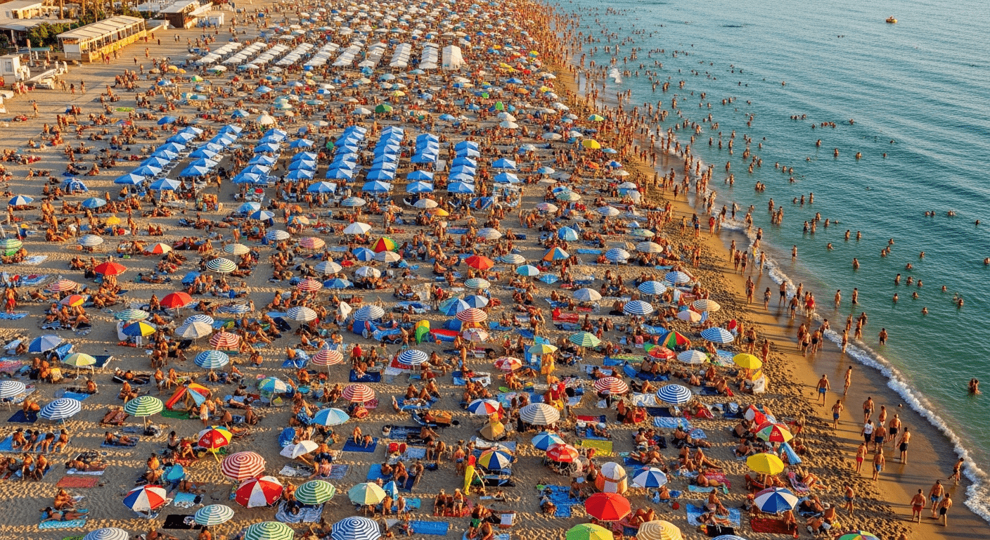 Vue aérienne d'une plage surpeuplée illustrant l'impact du tourisme de masse sur les sites naturels