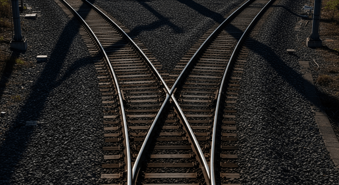 Les deux voies du dilemme du trolley représentées par des rails divergents, symbolisant les choix moraux de l'intelligence artificielle