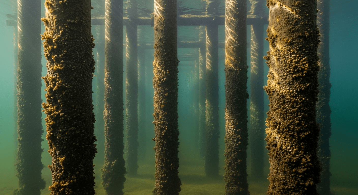 Pilotis de Venise eau immergés dans le lagon, fondations historiques en bois