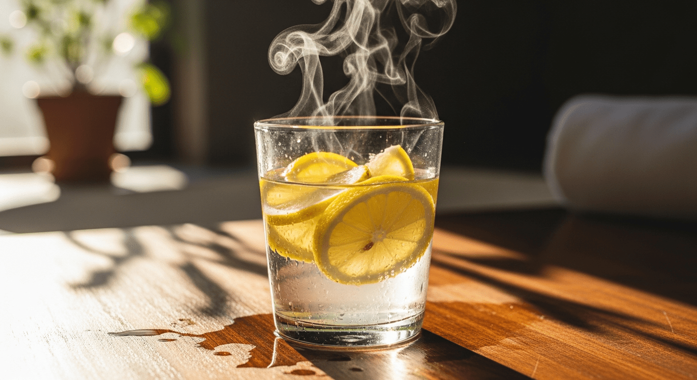 Verre d'eau avec tranches de citron, illustration du bénéfice hydratation matin