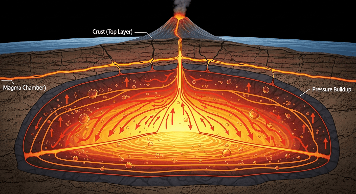 Coupe transversale montrant la chambre magmatique et le magma d'un volcan en éruption sous terre