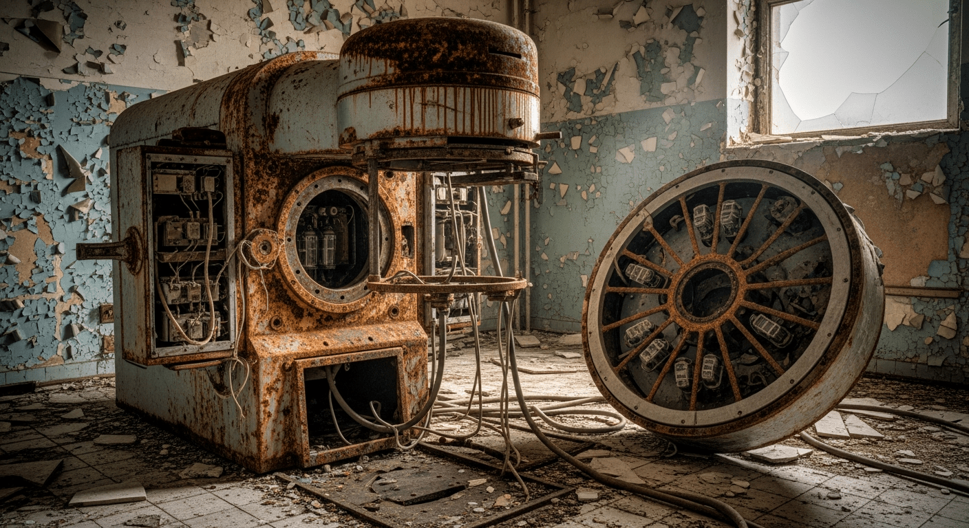 accident nucléaire de goiânia : appareil de radiothérapie médical abandonné et rouillé dans une clinique désaffectée