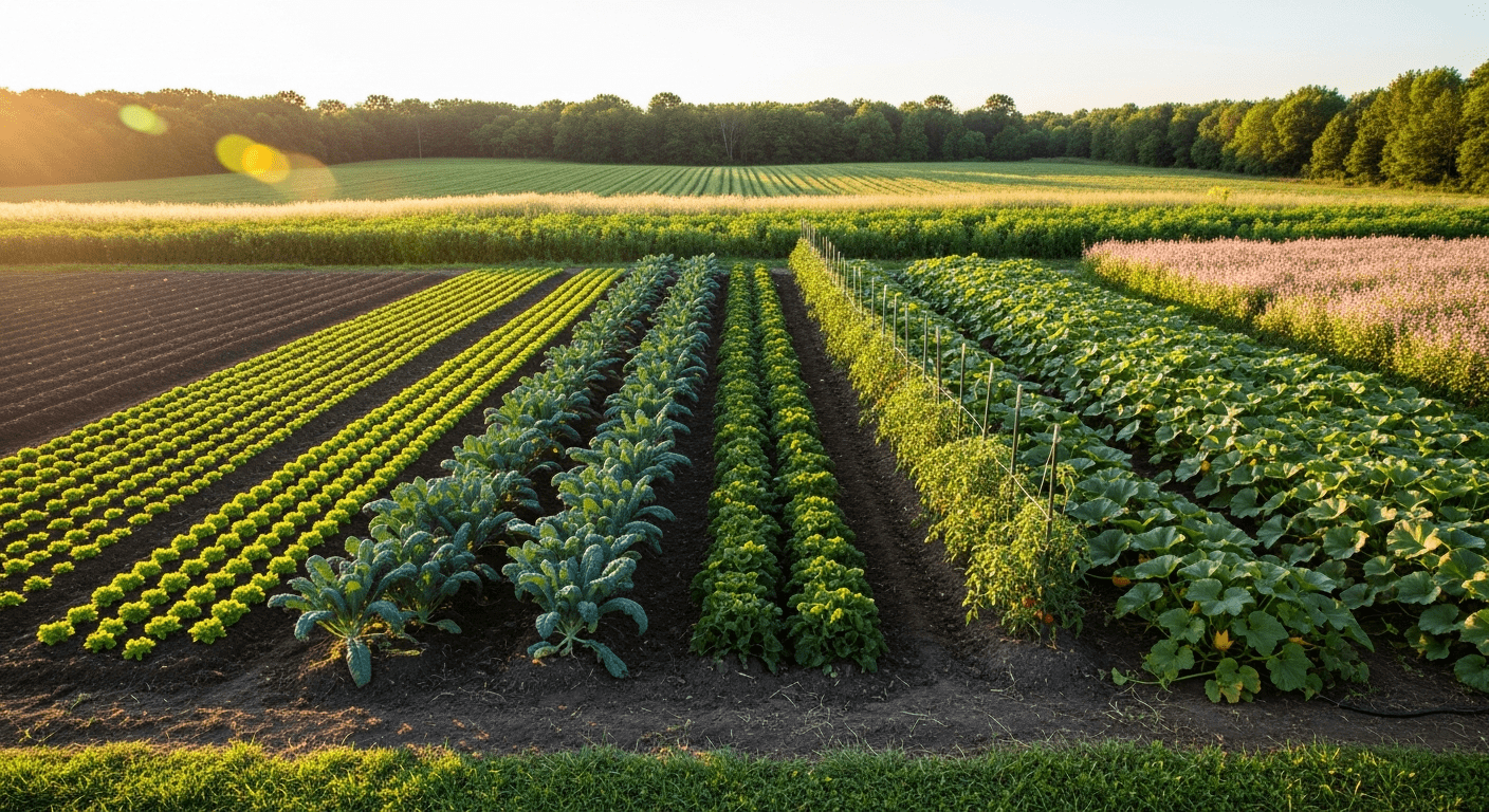 alimentation durable : champ agricole en rotation de cultures avec rangées de légumes variés sous ciel bleu