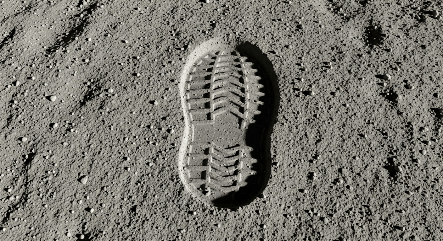 histoire apollo 11 : empreinte de botte détaillée dans le régolithe lunaire gris, symbole du premier pas sur la Lune