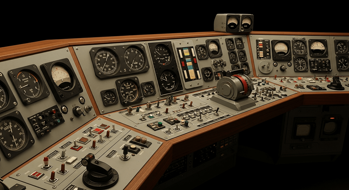 apollo 11 : console de contrôle de mission vintage avec instruments analogiques et écrans lumineux des années 1960
