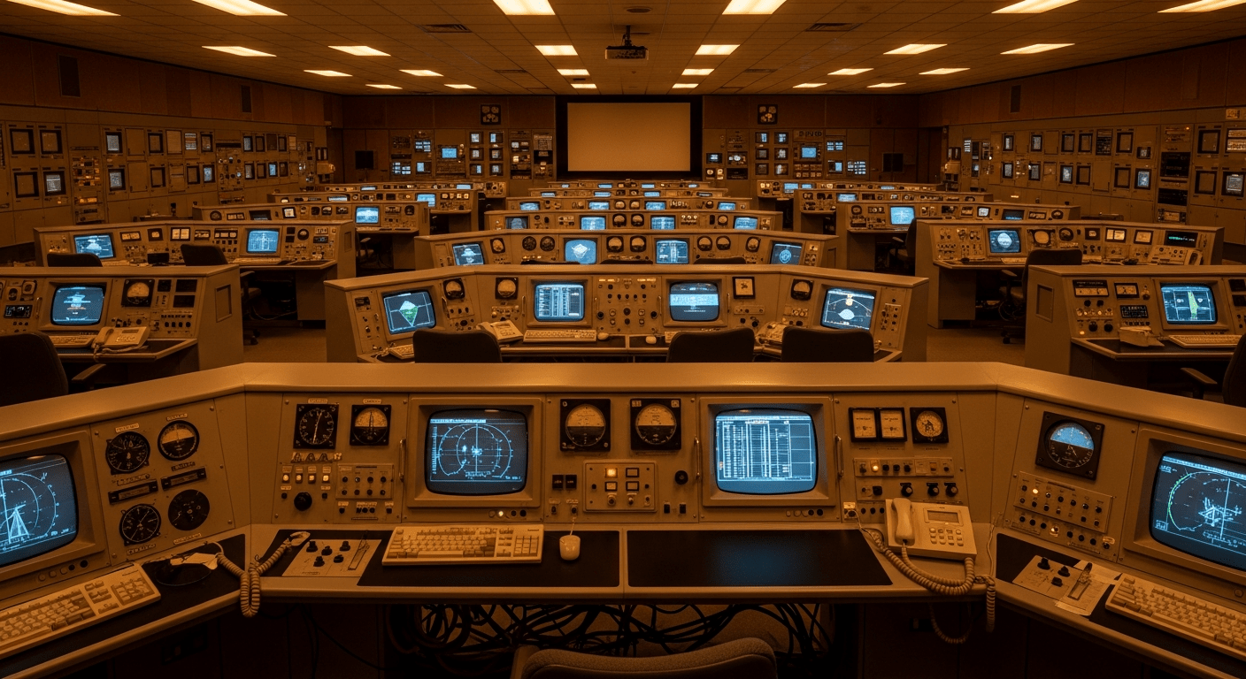 Apollo 13 histoire : salle de contrôle de mission NASA reconstituée avec consoles analogiques des années 1970