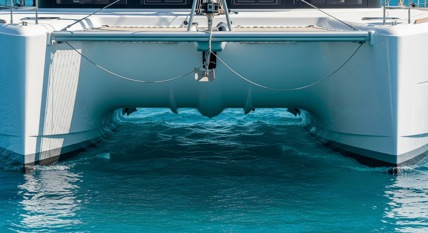 différence monocoque catamaran trimaran : coques parallèles d'un catamaran blanc sur mer turquoise en navigation