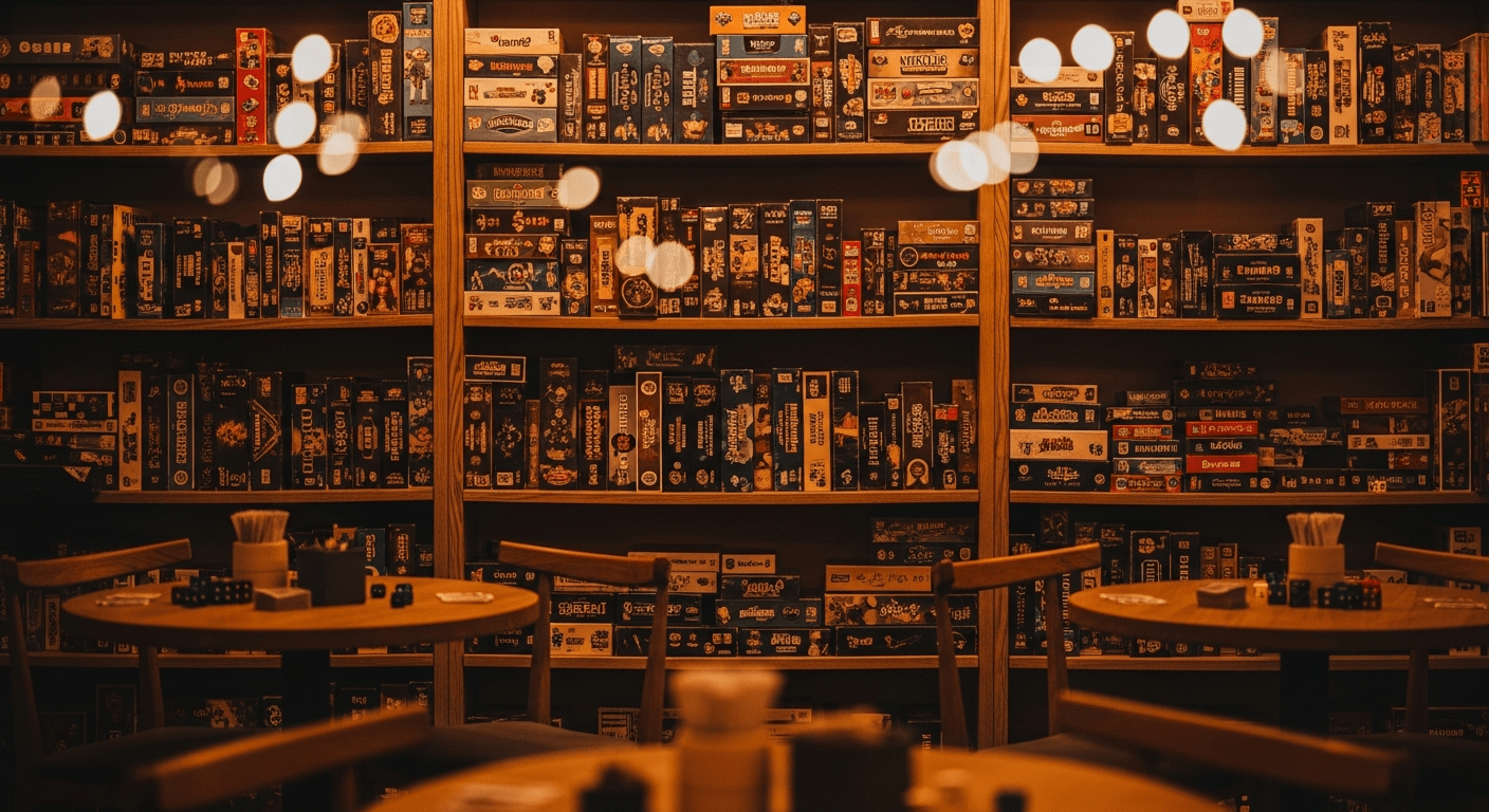 jeux de société Québec : étagères garnies de boîtes dans un café ludique chaleureux aux lumières tamisées (103 caractères)